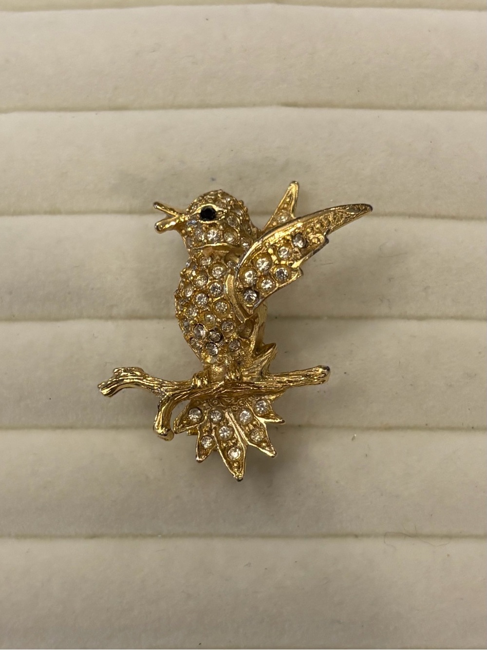 Vintage Humming Bird Brooch small figural Tiny Pin 1 inch Gold Silver Rhinestone